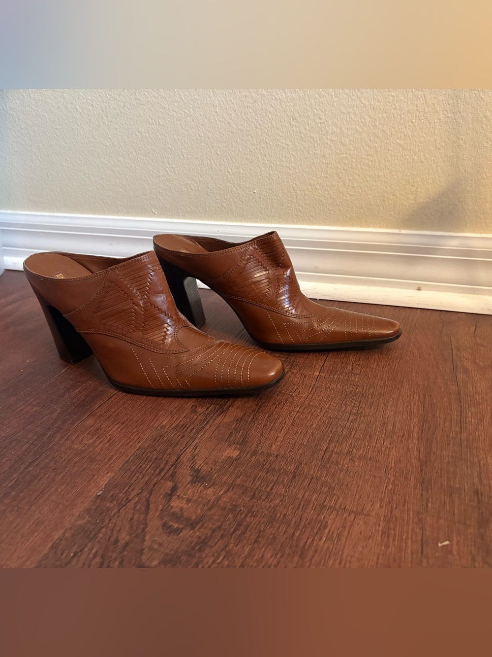 Enzo Angiolini Brown Leather Western Mule Heels Pointed Toe Women's 9.5 M